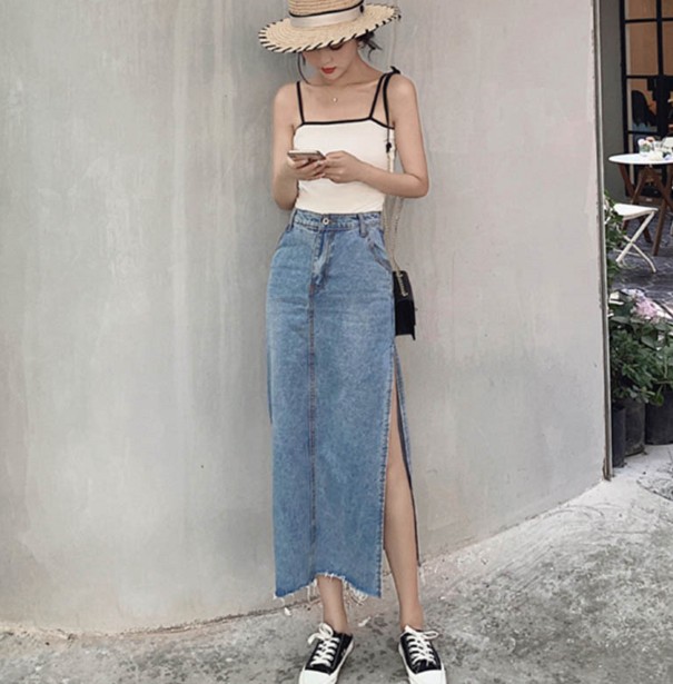 Dames denim midi rok met hoge split S