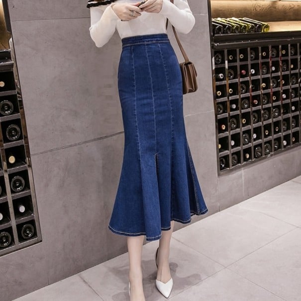 Dames denim midi rok met hoge taille blauw XS