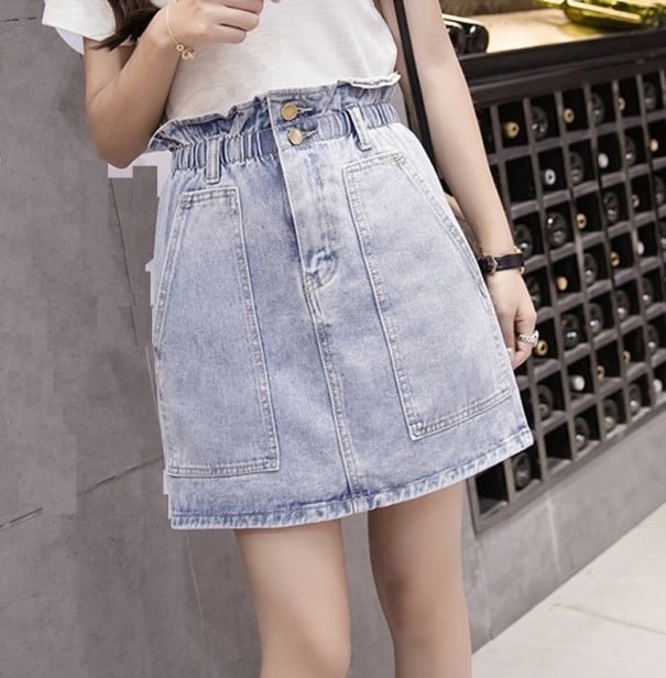 Dames denim mini rok met hoge geplooide taille Elastische band in de taille Ritssluiting en twee knopen Grote zakken Katoenen denim blauw S