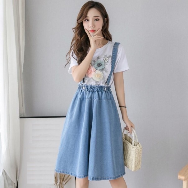 Dames denim rok met bandjes lichtblauw XS