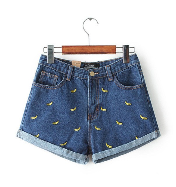 Dames denim shorts met bananen donkerblauw L