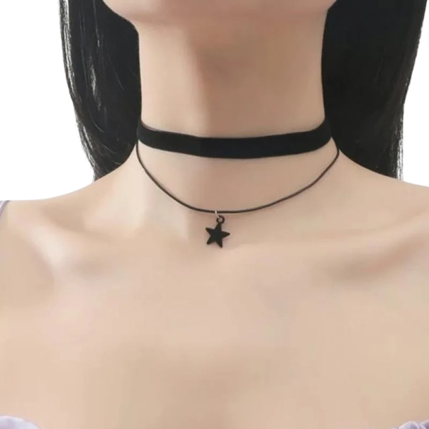 Dames dubbele choker met ster hanger, zwarte kleur, sluiting, kant stijl voor modeaccessoires en elegante outfits 1