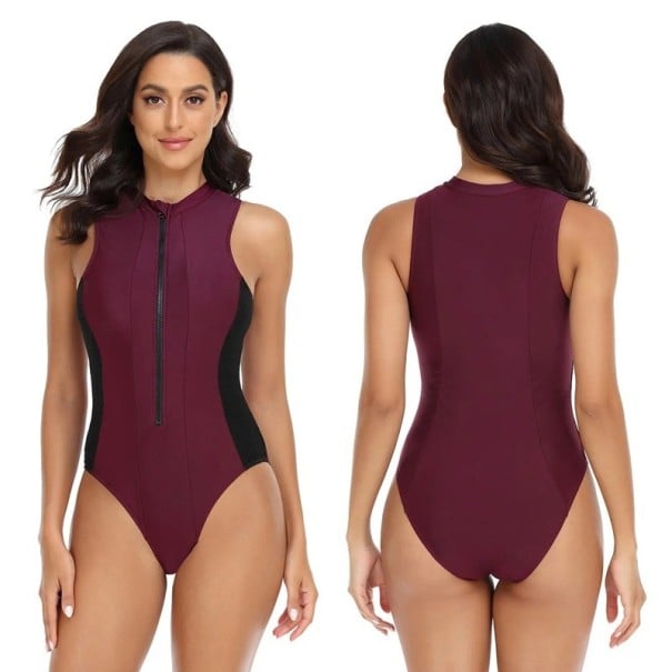 Dames Eendelig Badpak O-hals Rits in de Hals Brede Schouderbanden Nylon Spandex Polyester Effen Elastische Badmode wijnrood XL