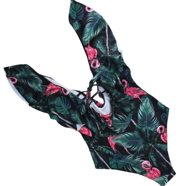 Dames Eendelig Badpak V-hals Brede Schouderbanden Volants Plantenprint met Flamingo's Polyester Zomerbadmode voor Zee en Zwembad L