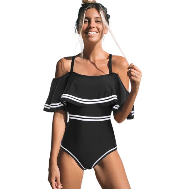 Dames Eendelig Badpak Zwart met Witte Strepen O-hals Dunne Bandjes Met Ruffles Polyester Spandex Badkleding voor de Zee XL