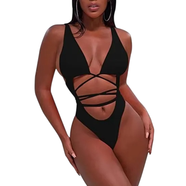 Dames Eéngedeelte Badpak Brede Schouderbanden V-hals Striksluiting Zwart Effen Polyester Nylon Elegante Strandbadpakken L