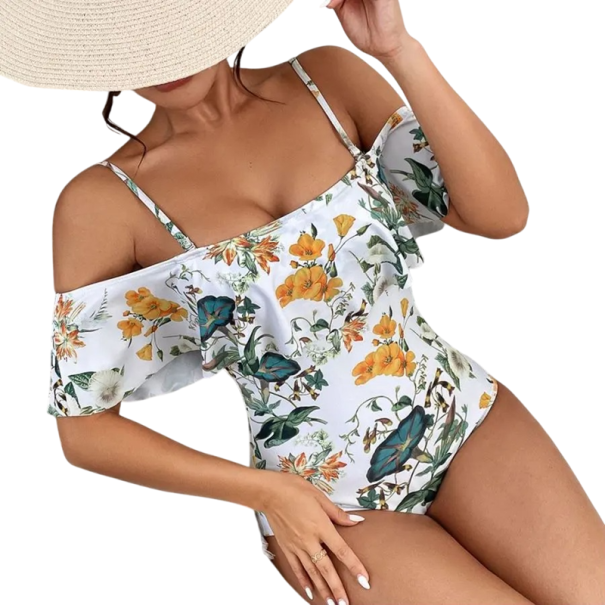 Dames Eénstuk Badpak Wit Bloemenpatroon Dunne Bandjes Met Volants Polyester Spandex Elastische Badkleding Voor Zee En Zwembad M