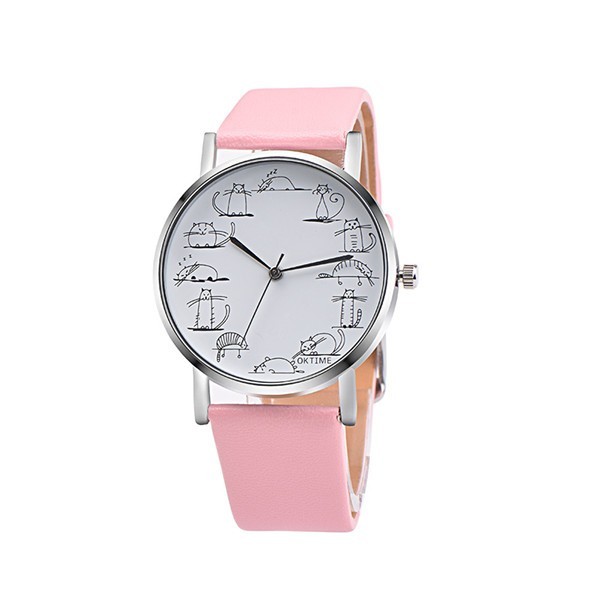 Dames elegant horloge met katten J809 roze