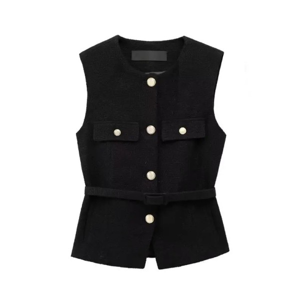 Dames elegante effen vest met riem en borstzakjes Stijlvol vest met O-hals Sluiting met knopen Verschillende kleuren zwart L
