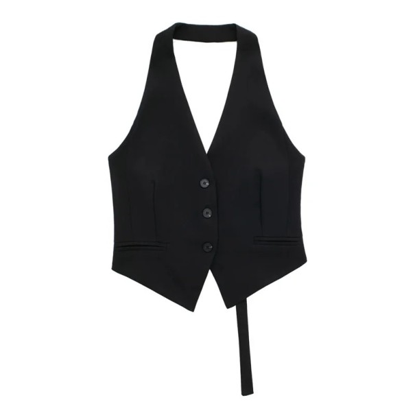 Dames elegante effen vest met V-hals en zakken Stijlvol polyester vest met bandjes om de nek en striksluiting op de rug zwart M