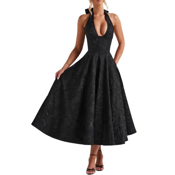 Dames elegante midi jurk met korset en blote rug met V-hals en strik achter de nek met vetersluiting op de rug zwart L
