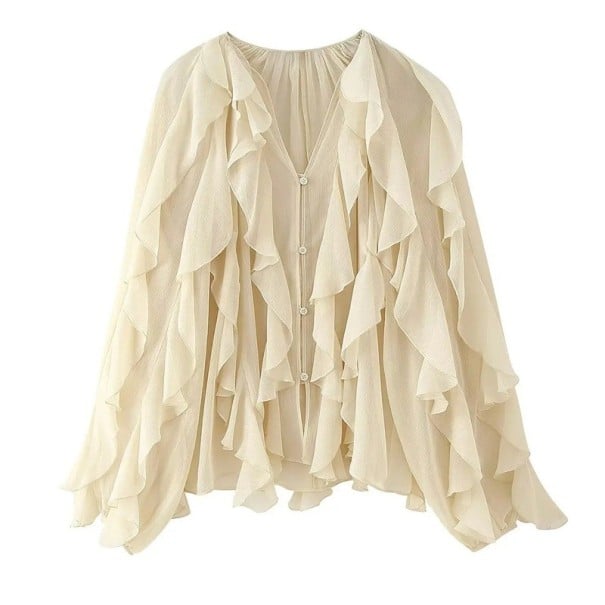 Dames elegante semi-doorzichtige blouse met ruches en V-hals Lange mouwen Knopen sluiting Effen blouse van lichte polyester beige S