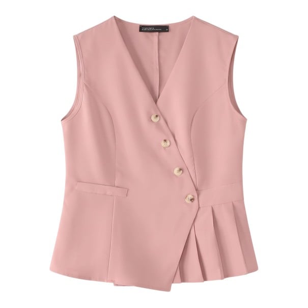 Dames elegante vest met V-hals en asymmetrische knoopsluiting met plooien aan de onderrand en gevormde naden roze XL