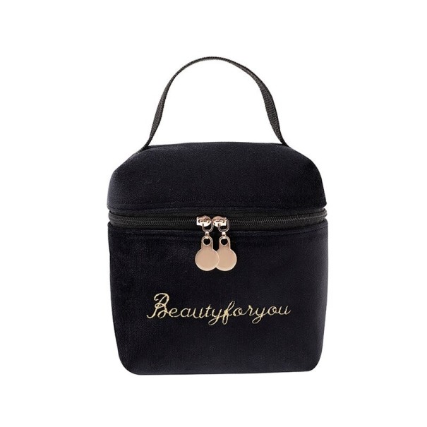 Dames fluwelen cosmetica tas met handvat Kleine koffer vorm 11 x 12 x 6 cm Dubbele rits Gouden decoratieve tekst Voor cosmetica en kleine zwart