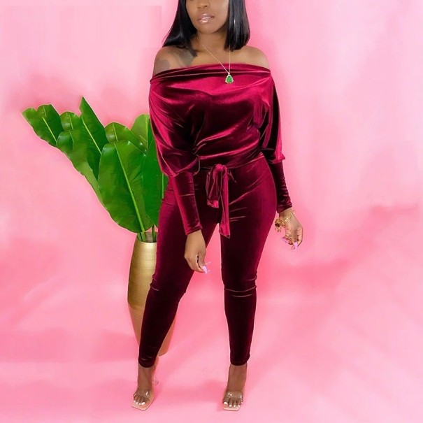 Dames fluwelen jumpsuit met blote schouders wijnrood L