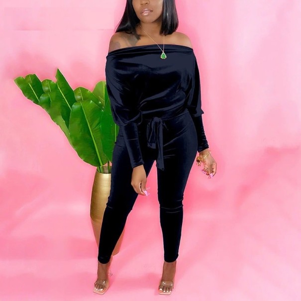 Dames fluwelen jumpsuit met blote schouders zwart L