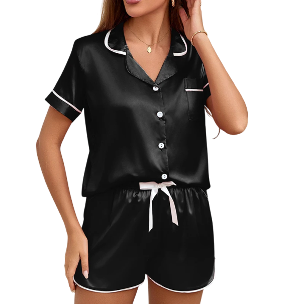 Dames fluwelen pyjama met kraag en knopen Korte mouwen en shorts Effen elegante set van polyester en elastaan Comfortabel zomer model zwart L