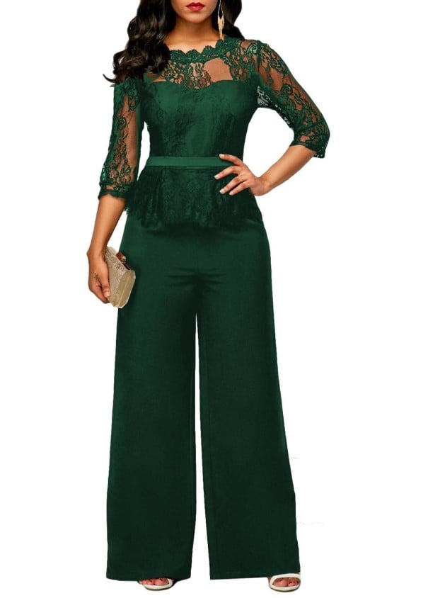 Dames formele jumpsuit met kant donkergroen L
