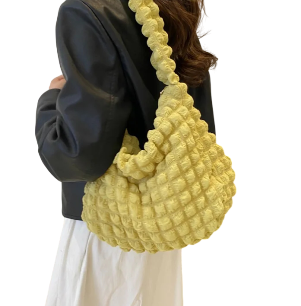 Dames geborduurde geruite schoudertas 32 x 11,5 x 60 cm Lichte stoffen tas van nylon en acryl geel