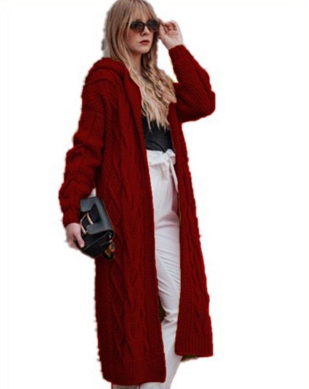 Dames gebreid vest met capuchon donkerrood XXL