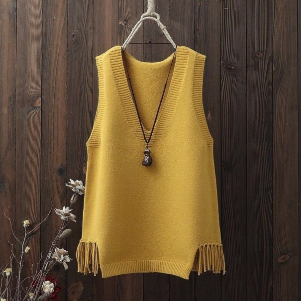 Dames gebreid vest met franjes mosterdgeel