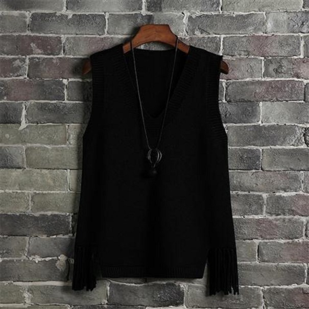 Dames gebreid vest met franjes zwart