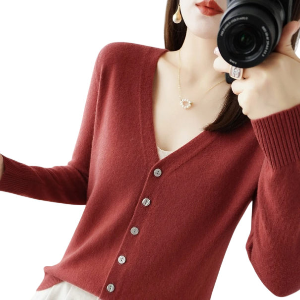Dames gebreide cardigan met V-hals Elegante knopen trui Effen modieuze trui Verschillende kleuren Polyester Acryl baksteenrood XS