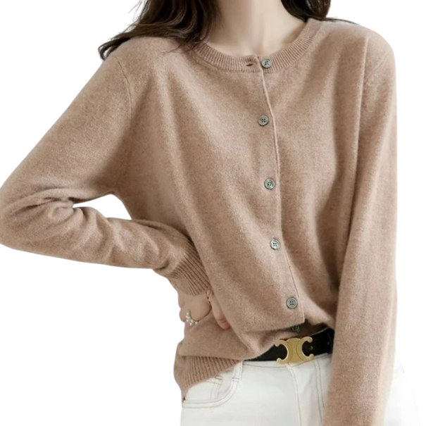 Dames gebreide cardigan van polyester met een O-hals Een effen elegante trui met knopen en lange mouwen Universele maat bruin