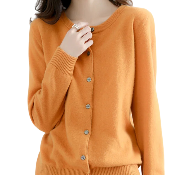Dames gebreide cardigan van polyester met een O-hals Een effen elegante trui met knopen en lange mouwen Universele maat oranje