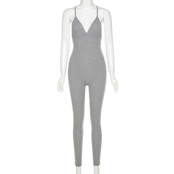 Dames gebreide jumpsuit met open rug grijs XS