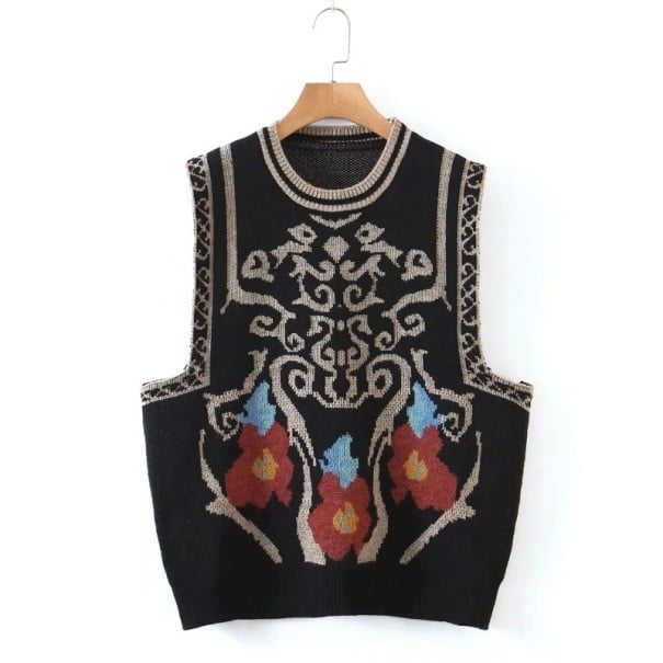 Dames gebreide vest met ingebreid ornamenten- en bloemenpatroon Ronde hals Zonder mouwen Geprinte randen van de armsgaten Acryl zwart