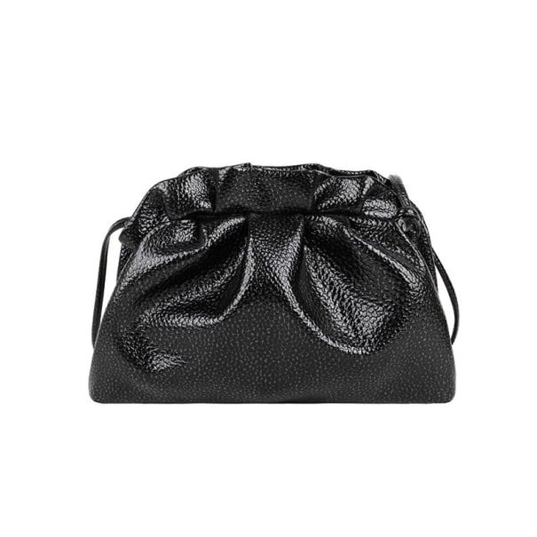 Dames geplooide crossbody tas met glanzend korrelige afwerking Zacht ontwerp Dunne schouderband van PU leer en polyester 24 x 16 x 7 cm zwart