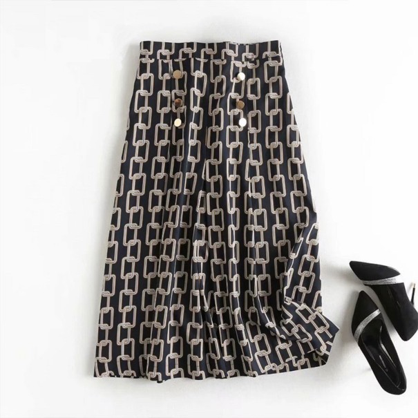 Dames geplooide midi rok met kettingprint Donkere achtergrond met beige schakels Decoratieve gouden knopen aan de voorkant Polyester L