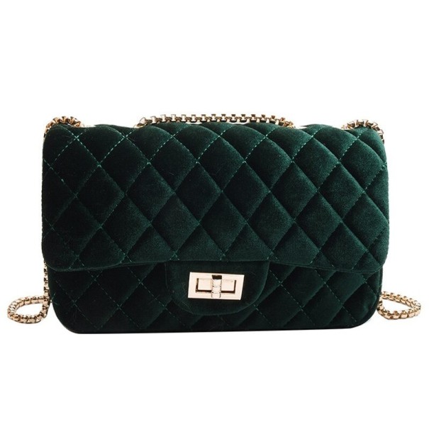 Dames gequilt schoudertas 24 x 15 x 7 cm Fluwelen uitstraling Gouden kettingband Draaislot op de klep Ruitpatroon donkergroen