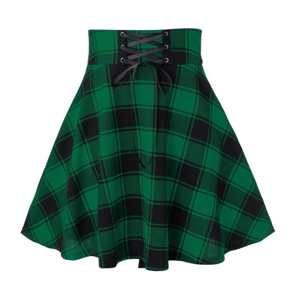 Dames geruite rok met veters en strik aan de voorkant van de taille Hoge brede taille Uitlopende A-lijn Polyester stof groen L
