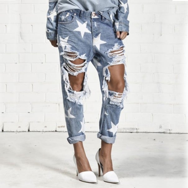 Dames gescheurde jeans met sterren lichtblauw L