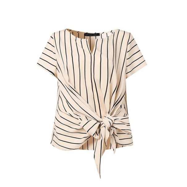 Dames gestreepte blouse met V-hals Strik om de taille aan te trekken Elegante lichte blouse voor dagelijks gebruik beige XXL