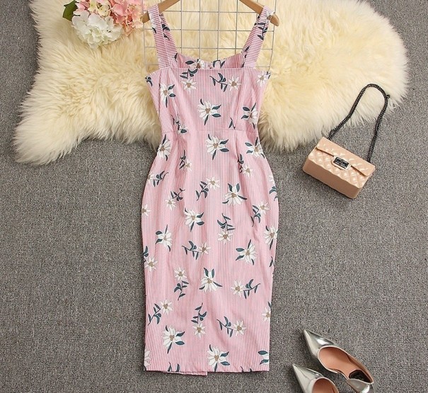Dames gestreepte jurk met bloemen roze L
