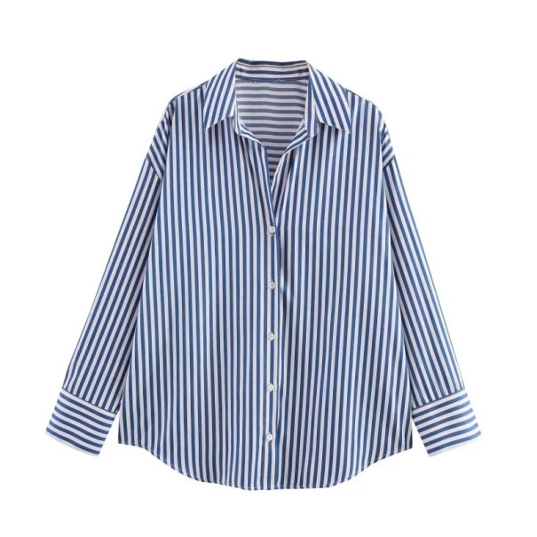 Dames gestreepte losse blouse met lange mouwen en kraag Elegante blouse met knopen van lichte polyester Stijlvolle top in verschillende kleuren donkerblauw XS