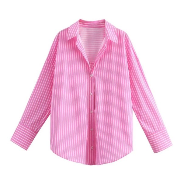 Dames gestreepte losse blouse met lange mouwen en kraag Elegante blouse met knopen van lichte polyester Stijlvolle top in verschillende kleuren roze M
