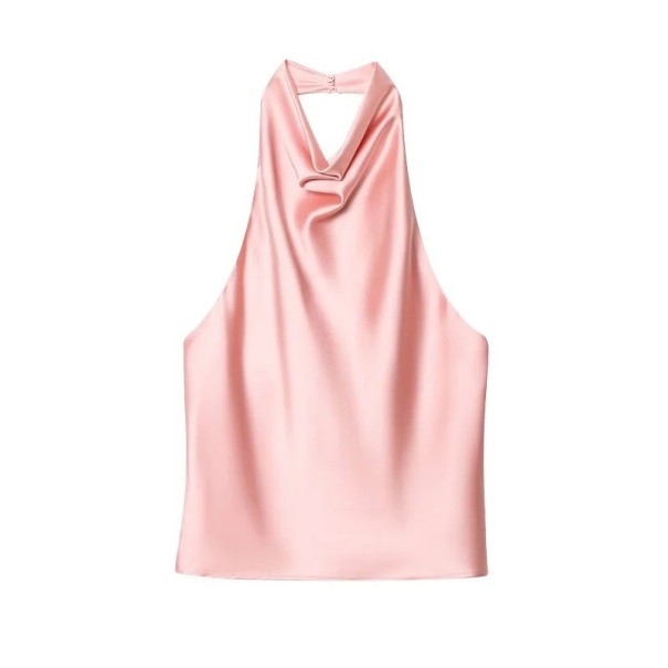 Dames Glanzende Blouse O-Hals Mouwloos Sluiting Achteraan Effen Elegante Blouse van Polyester roze XS