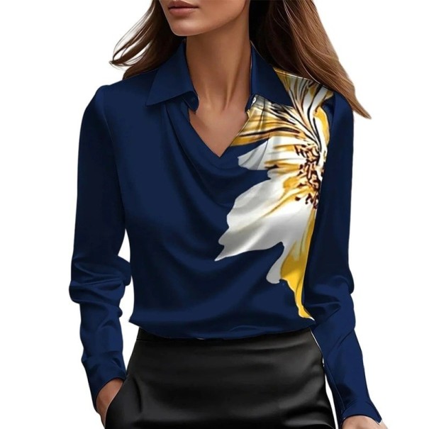 Dames Glanzende Blouse V-Hals Lange Mouwen Kraag Effen Kleur Polyester Blouse voor Werk en Avond donkerblauw M