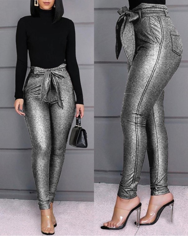 Dames glitterbroek met strik zilver L