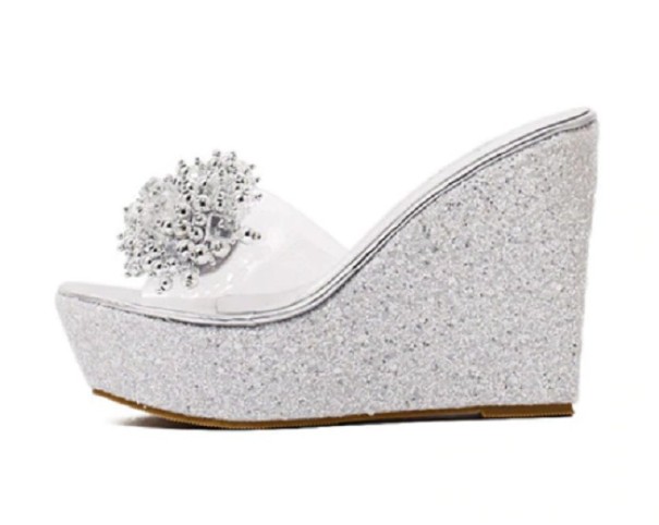 Dames glitterpantoffels op een hoog platform met decoratie zilver 39