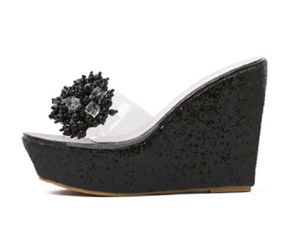 Dames glitterpantoffels op een hoog platform met decoratie zwart 35