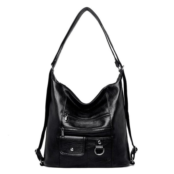 Dames grote schoudertas van kunstleer Zachte hobo tas met twee ritszakken Voorkantzak met flap 35 x 32 x 14 cm zwart