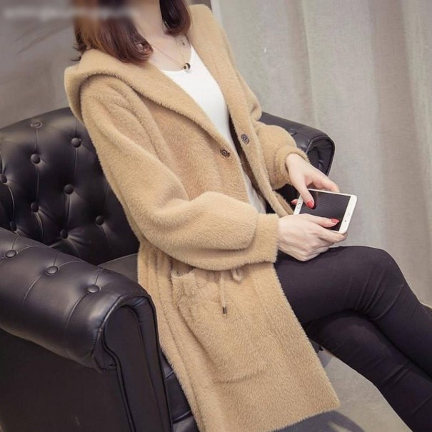 Dames harige cardigan met capuchon lichtbruin XL
