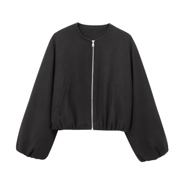 Dames herfstjas met rits Losse pasvorm Lange geplooide mouwen Zakken aan de voorkant Eenvoudige urban stijl Elegante jas voor koud weer zwart XS