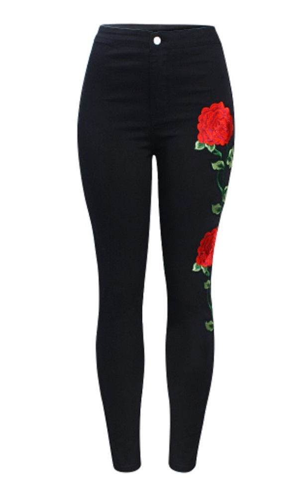 Dames high waist jeans met bloemen - Zwart XXS
