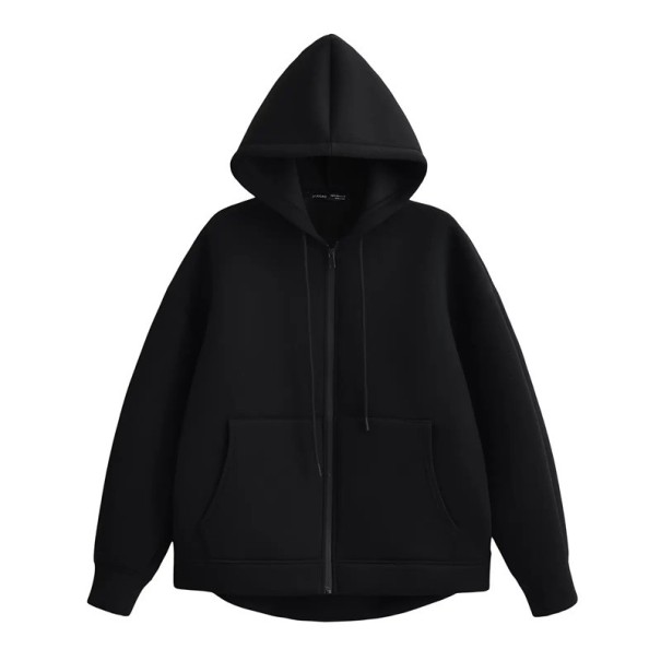 Dames hoodie met capuchon Losse pasvorm Ritssluiting Handzakken Warm zacht materiaal Stijlvolle hoodie voor herfst en winter zwart XS
